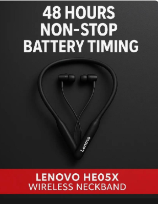 Lenovo HE05X Wireless Bluetooth Neckband Earphones – Magnetic Sports Earbuds with HD Sound & Built-in Mic